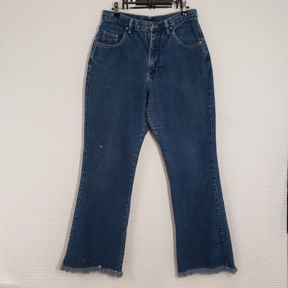 Vintage Adriana Sport Flare Jeans Women 28x30 Blue Fringe High Waisted 80s Boho